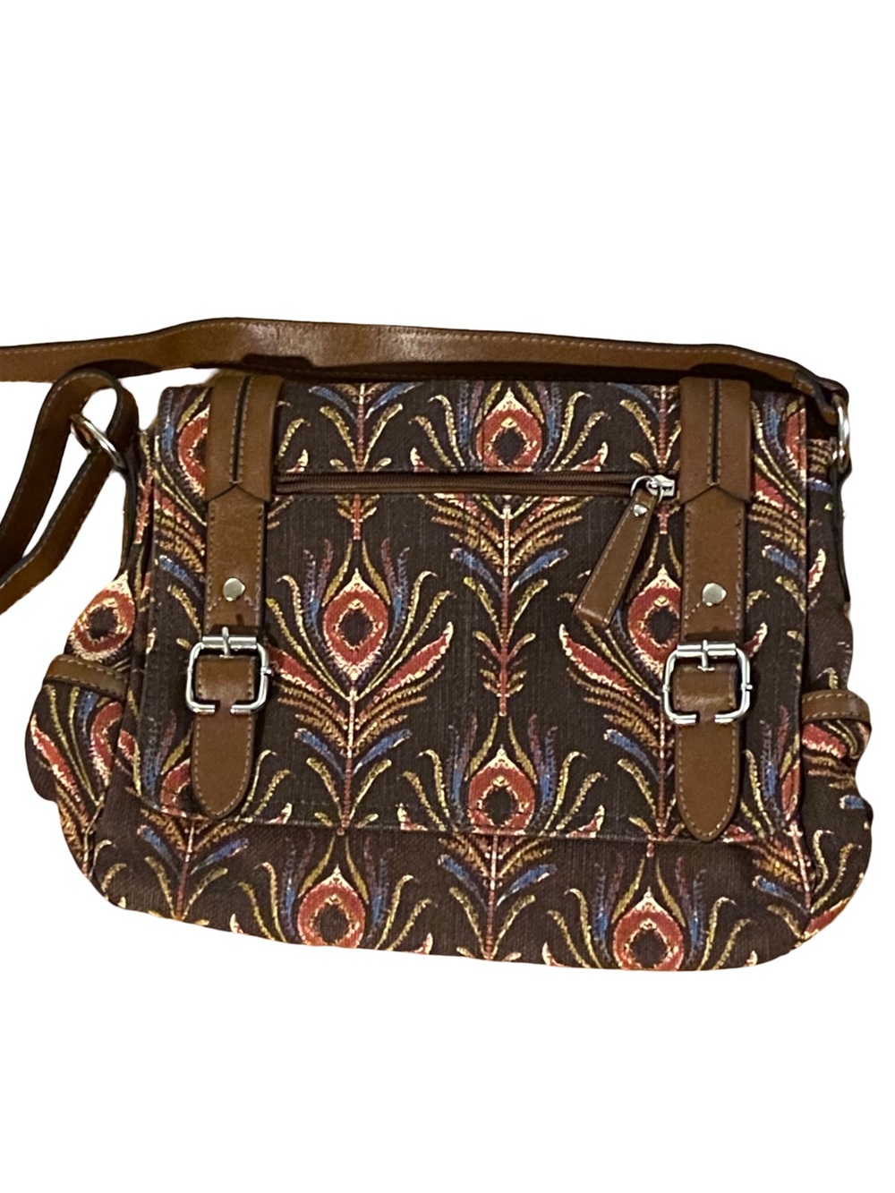 Relic by Fossil brown peacock feather leather crossbody adjustable canvas bag
